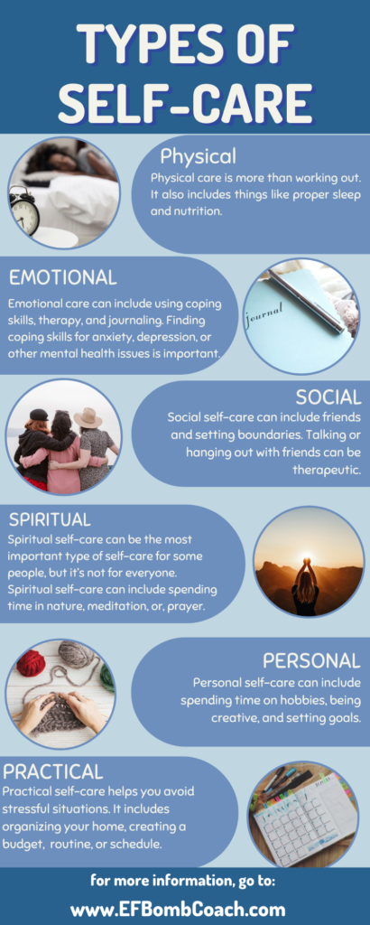 5 main types of self-care: physical, emotional, social, spiritual, personal, and practical