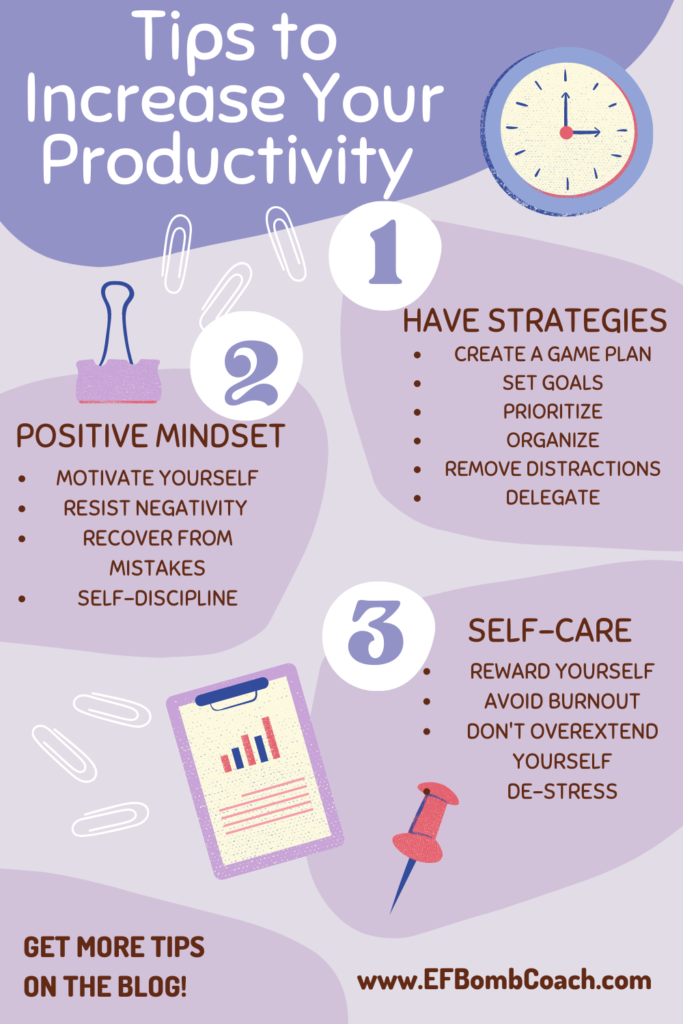 Tips to Increase Your Productivity - bullet points for Strategies, Mindset, and Self-care