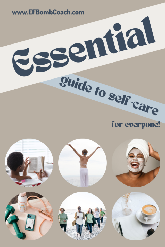 essential guide to self-care for everyone - 6 images of women practicing self-care: running on the beach with friends, reading, spa, coffee and journal, exercise equipment