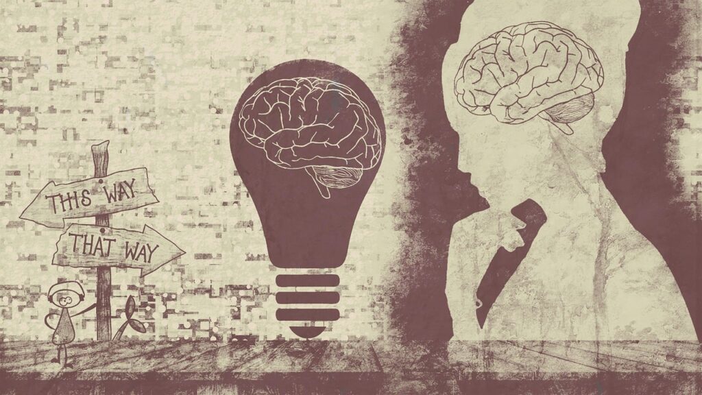 silhouette of a woman with her brain showing, a lightbulb with a brain, and a person looking at signs pointing in different directions - build executive function skills