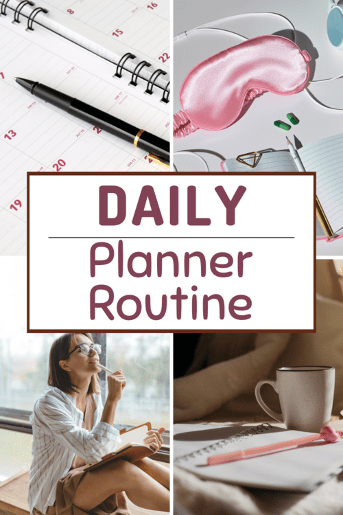 Daily planner routine image of planners, a woman thinking in bed, a notebook, and a cup of coffee