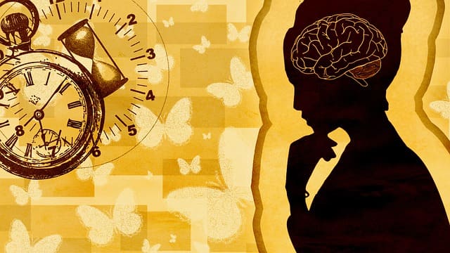 yellow background with butterfly silhouettes; on right side female silhouette in thinking pose with hand on the chin her brain is shown in the silhouette; on the left side there is a pocket watch and an hourglass