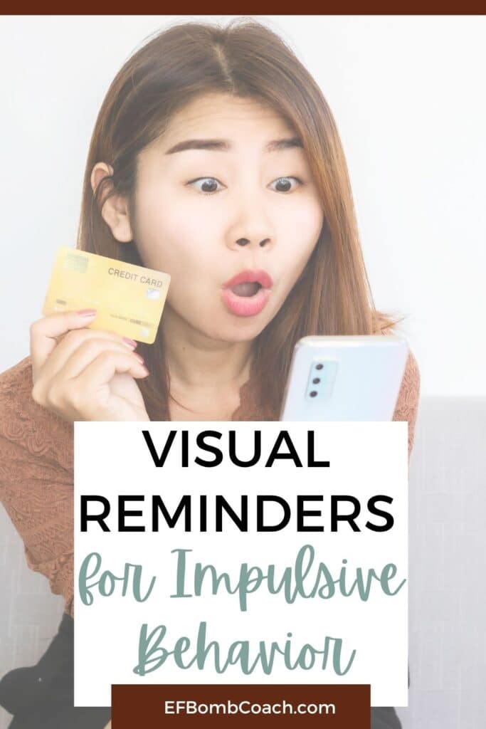 Visual Reminders for Impulsive Behavior - woman holding a credit card and her phone with a surprised face