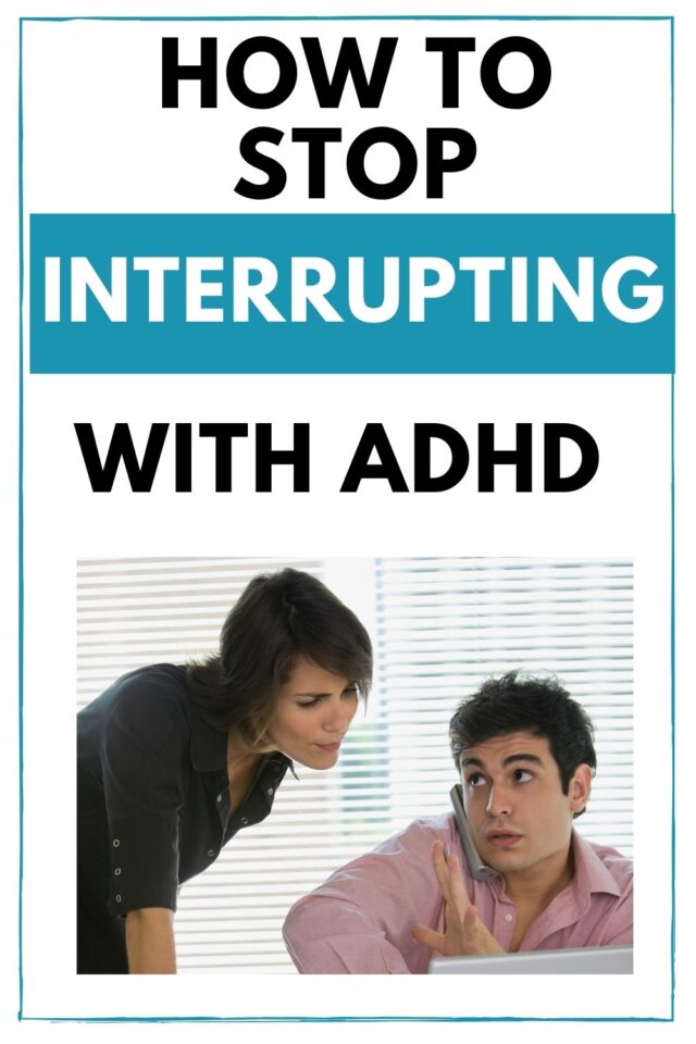 How to Stop Interrupting with ADHD - woman leaning over a man on the phone and he holds up a hand to stop her