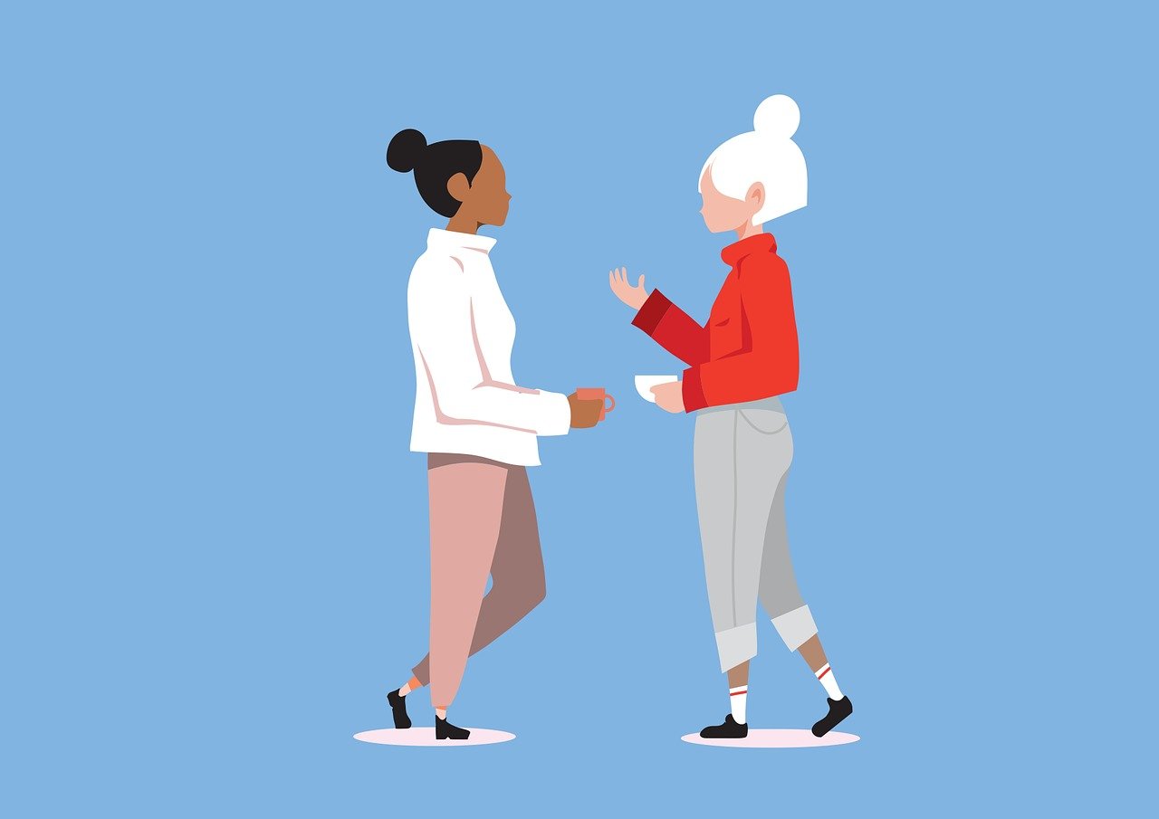 people, women, talking, standing, woman, girl, clothing, person, communication, conversation, chat, speak, discussion, friends, cartoon