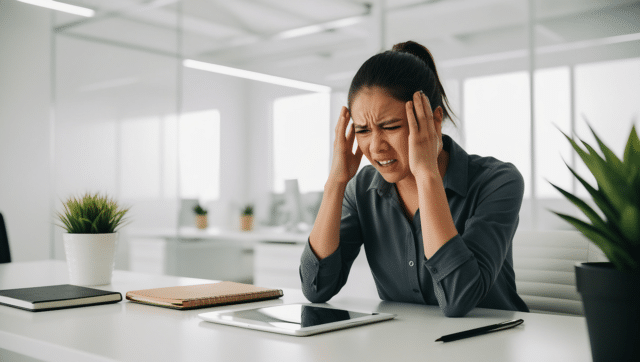 ai generated, woman, tired, business, office, stress, headache, depression, unhappy
