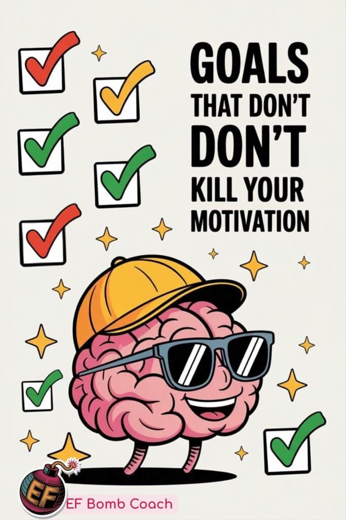 Dopamine-Driven Goals for ADHD Business Women - goals that don't kill your motivation - a happy brain surrounded by checkmarks and stars 