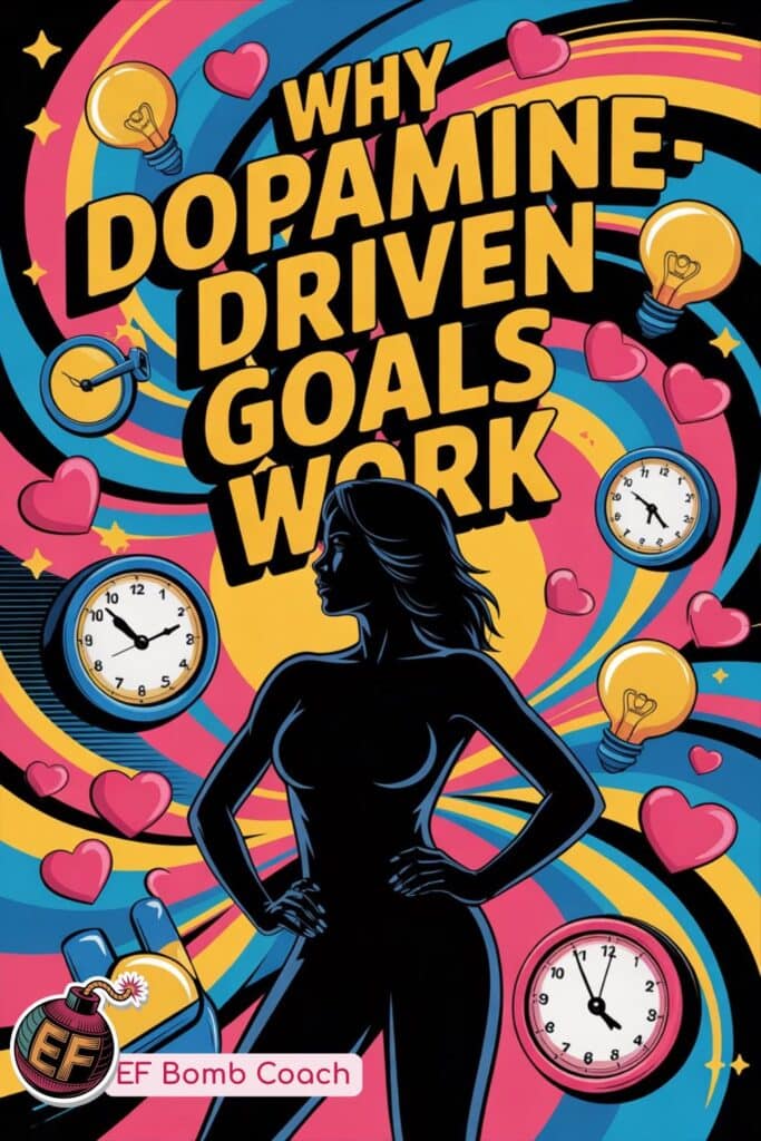 Dopamine-Driven Goals for ADHD Business Women - why dopamine-driven goals work - silhouette of a confident woman surrounded by hearts, lightbulbs, and clocks