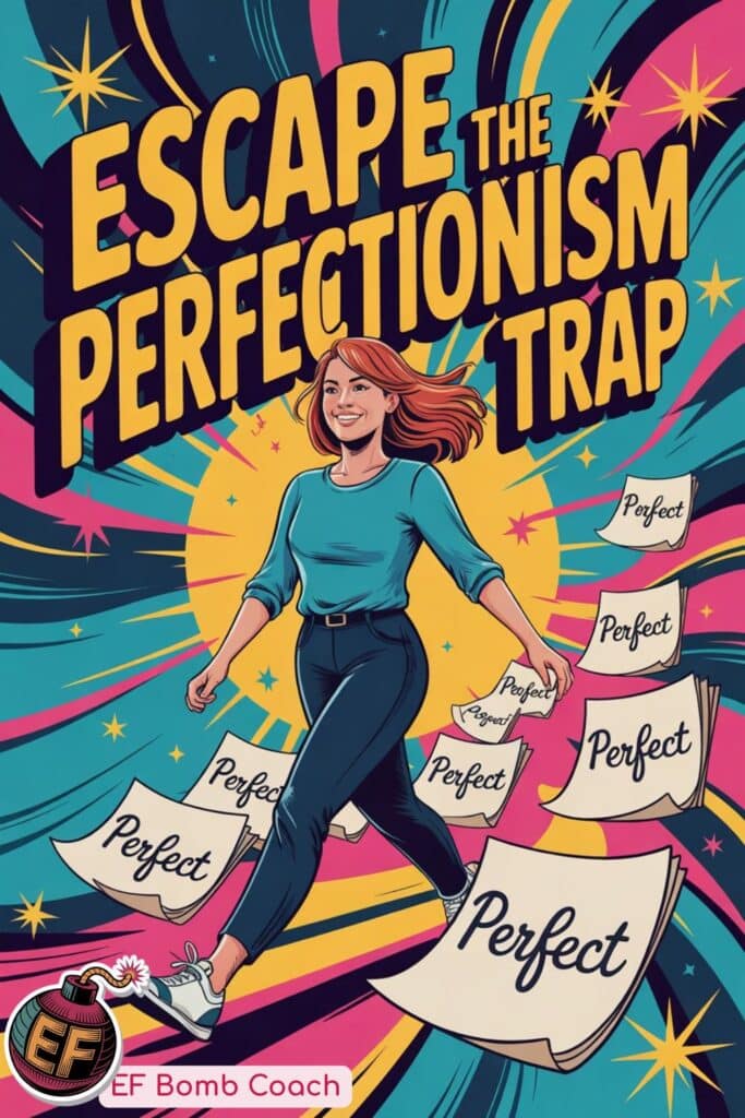 The Perfectionism Trap for ADHD Business Women - Escape the perfectionism trap - woman walking confidently away from papers labeled perfectionism