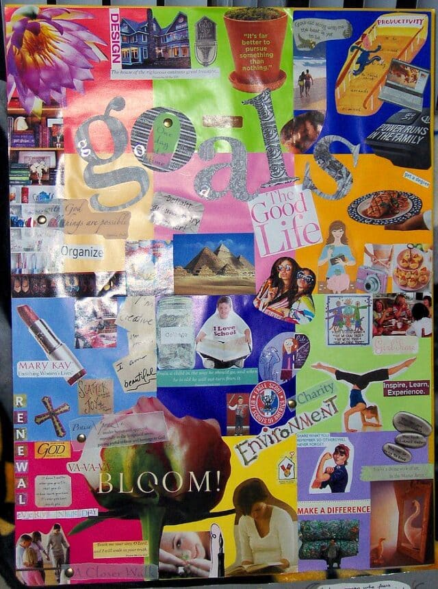 goal vision board with magazine pictures cut out and pasted together