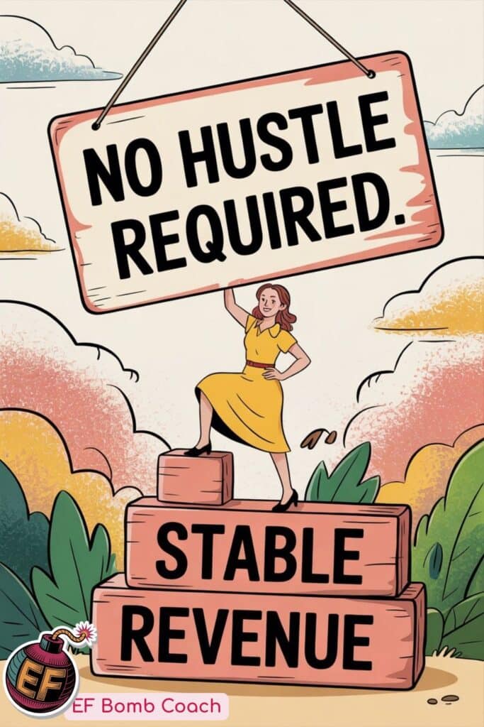 Consistent Revenue Without Consistent Effort  - woman standing on blocks that say stable revenue holding a sign that says no hustle required