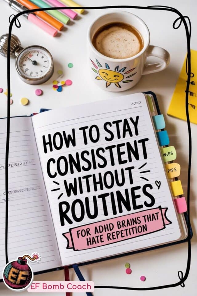 How to Stay Consistent Without Routines (For ADHD Brains That Hate Repetition) - notebook open on a desk with a stopwatch and a cup of coffee