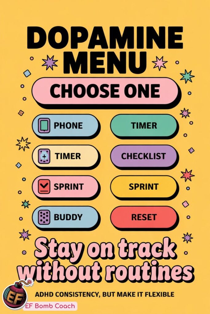 How to Stay Consistent Without Routines (For ADHD Brains That Hate Repetition) - dopamine menu: phone, timer, checklist, sprint, buddy, reset. Stay on Track without routines