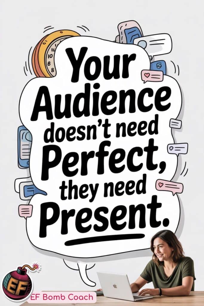 Your Audience Doesn’t Need Perfect, They Need Present - woman working on her laptop with a smile