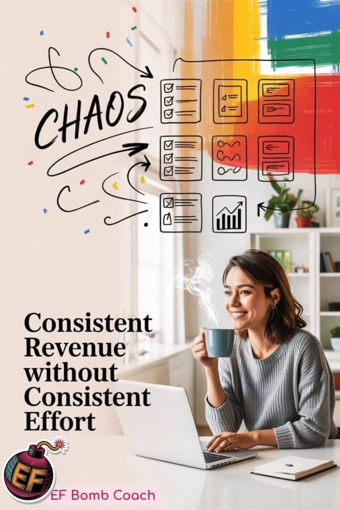 Consistent Revenue Without Consistent Effort  - woman drinking coffee with a smile in front of her laptop