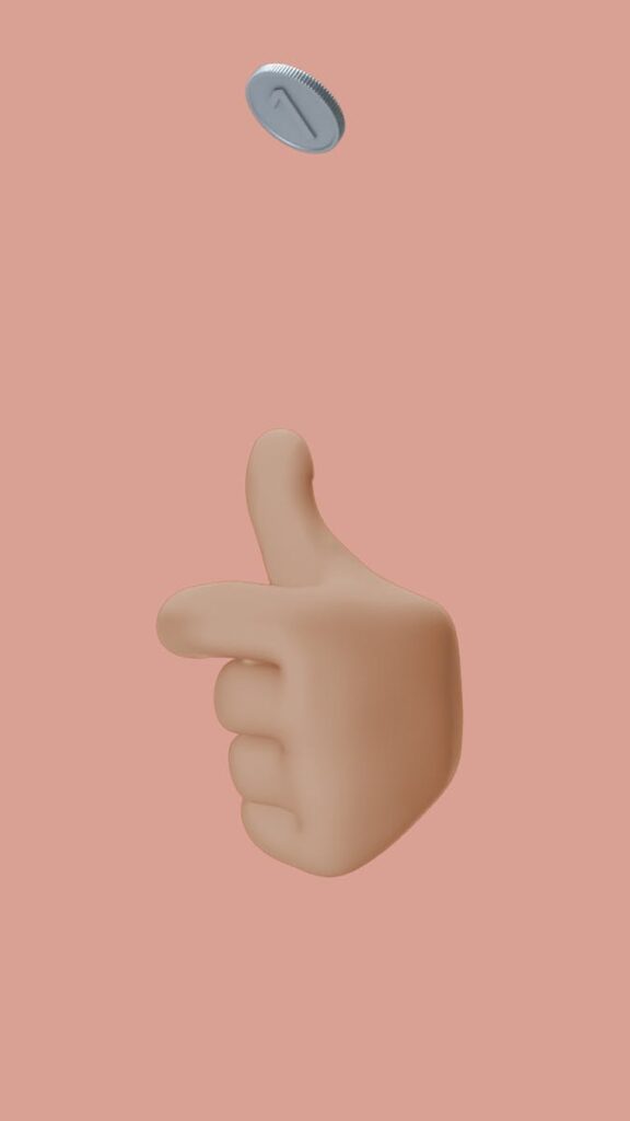3D illustration of a hand tossing a coin against a pink background.