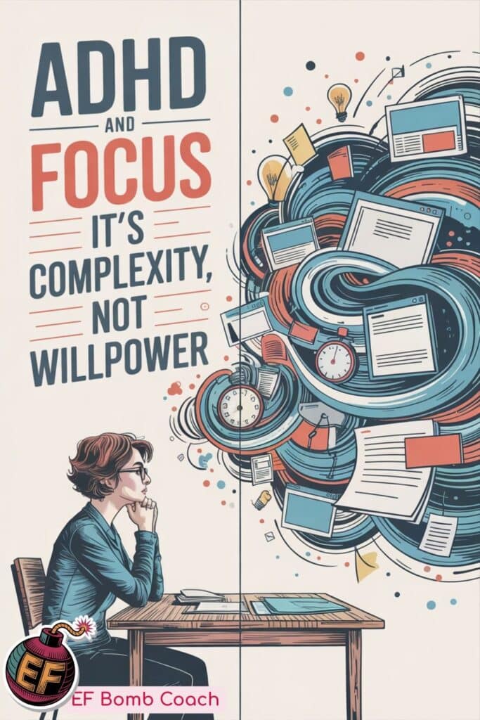 ADHD and Focus: It's Complexity, Not Willpower - woman sitting at a desk with swirling thoughts over her