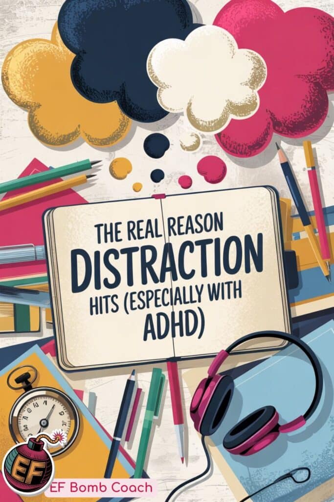 The Real Reason Distraction Hits (Especially With ADHD) - notebook, pens, timer, and headphones