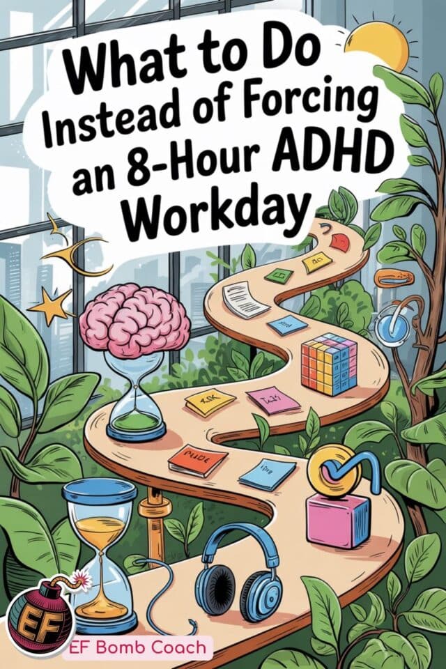 Why 8-Hour Workdays Don't Work for ADHD Brains (and What to Do Instead) - winding path showing hourglass timers, cubes and sticky notes