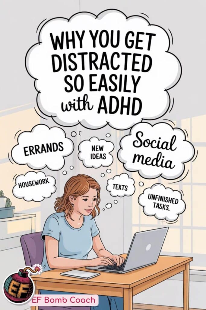 The Real Reason Distraction Hits (Especially With ADHD) - woman working on her computer surrounded by thought bubbles