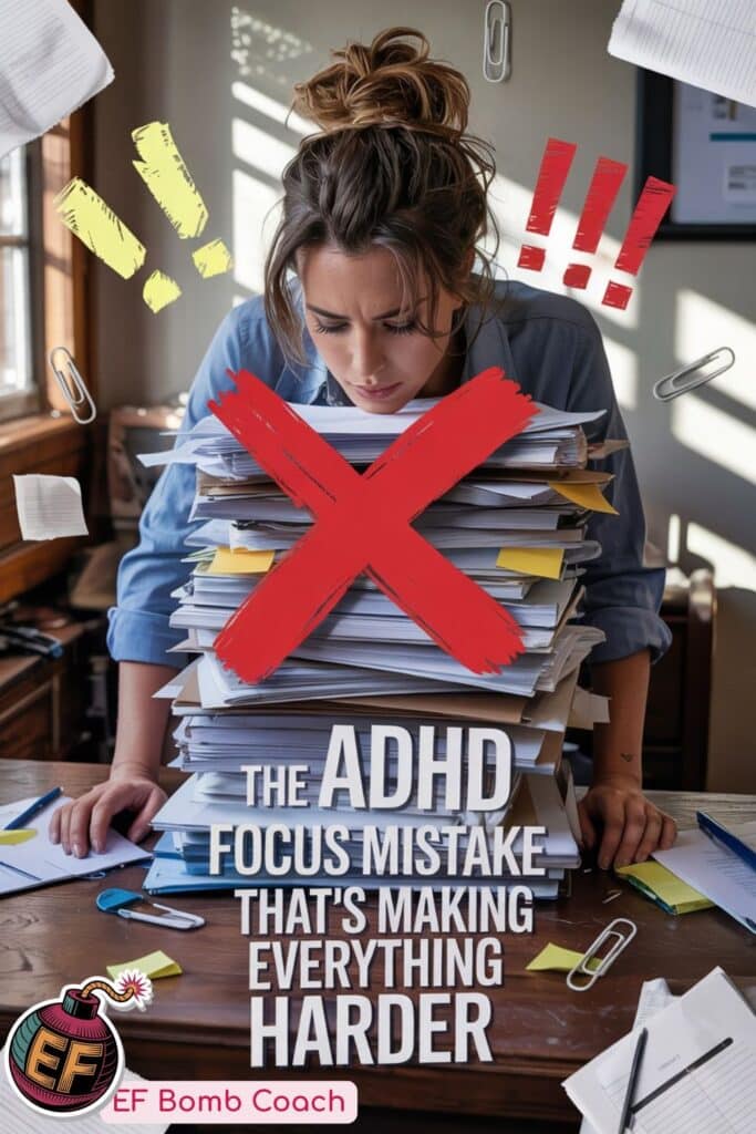 Why Pushing Harder Makes ADHD Focus Worse (and What to Do Instead) - woman resting her chin on a huge stack of messy papers