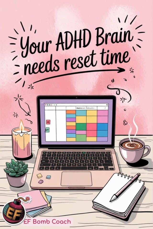 Why Your ADHD Schedule Needs Transition Time - colorful digital planner on a laptop beside a coffee and candle