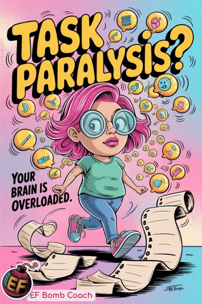 Why Your ADHD Brain Can't Finish Tasks - woman surrounded by thought bubbles and a rolling to-do list